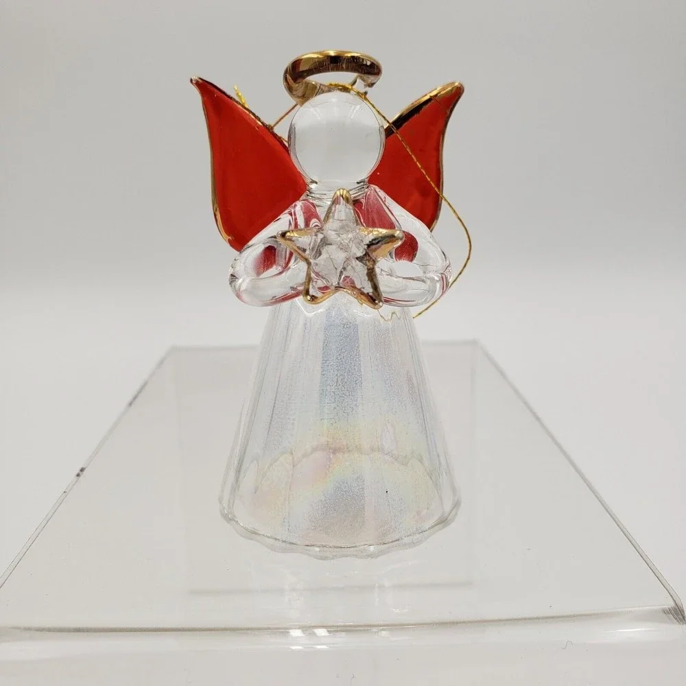 Vintage Glass Angel Ornament Clear Iridescent Body Red & Gold Wings‎ 2.5